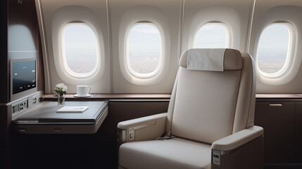 Fototapeta premium Luxury Flight: A plush leather seat in a private jet cabin, with panoramic windows overlooking the clouds, offering a glimpse of the world from above. The perfect image for travel, luxury.