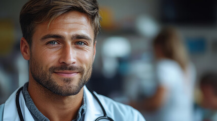 man and doctor in office with stethoscope, help or advice in health insurance.