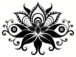 abstract floral design, black and white, symmetrical pattern, stylized flowers, elegant swirls, graphic elements, artistic motif, minimalist decor, botanical theme, modern illustration, mandala vector