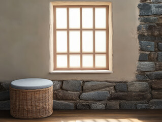 Natural light filters through a simple window in a rustic interior with stone walls