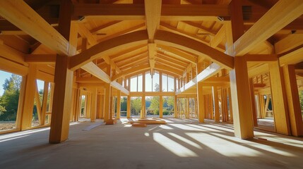 Naklejka premium Wide-angle view of the interior frame of a new wooden house under construction, with exposed beams and natural light streaming in