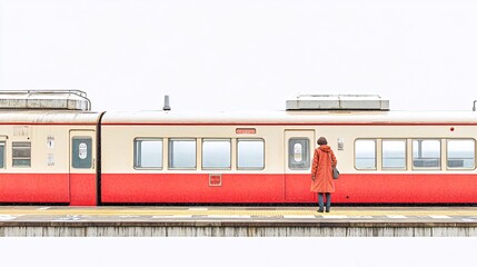 Fototapeta premium Woman in red coat waits at a train station platform. Generative ai