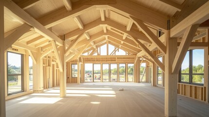 Fototapeta premium Wide-angle view of the interior frame of a new wooden house under construction, with exposed beams and natural light streaming in