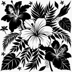 abstract floral design, black and white, symmetrical pattern, stylized flowers, elegant swirls, graphic elements, artistic motif, minimalist decor, botanical theme, modern illustration, mandala vector