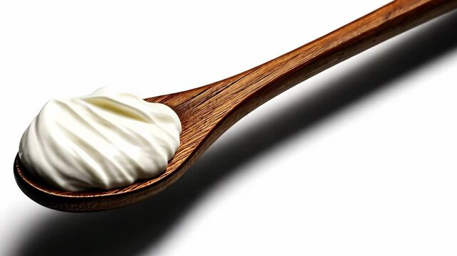 Spoon with a dollop of creamy substance on a wooden utensil against a plain background