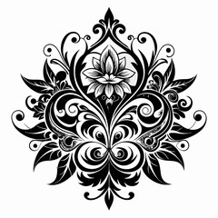 abstract floral design, black and white, symmetrical pattern, stylized flowers, elegant swirls, graphic elements, artistic motif, minimalist decor, botanical theme, modern illustration, mandala vector