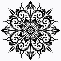 abstract floral design, black and white, symmetrical pattern, stylized flowers, elegant swirls, graphic elements, artistic motif, minimalist decor, botanical theme, modern illustration, mandala vector