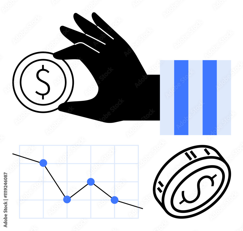 Poster hand holding a coin with a dollar symbol, line graph with descending trend and data points, dollar c