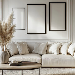 Modern living room, white picture frame, home, sofa, light, simple style