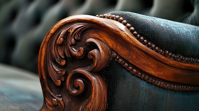 A wooden chair with a blue fabric seat and a floral design