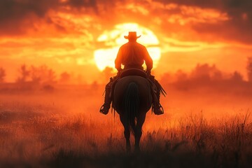 Silhouetted Cowboy Riding Horse at Sunset