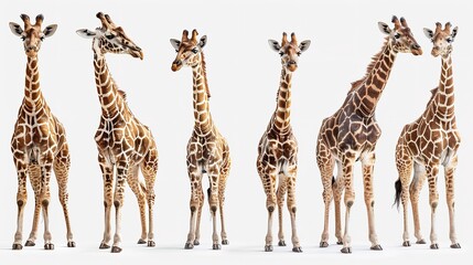 Obraz premium Four giraffes standing side by side, facing the right in isolated on transparent background