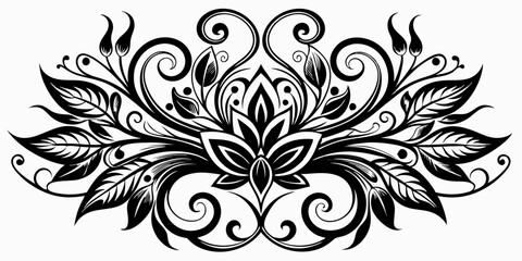 abstract floral design, black and white, symmetrical pattern, stylized flowers, elegant swirls, graphic elements, artistic motif, minimalist decor, botanical theme, modern illustration, mandala vector