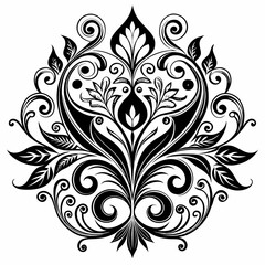 abstract floral design, black and white, symmetrical pattern, stylized flowers, elegant swirls, graphic elements, artistic motif, minimalist decor, botanical theme, modern illustration, mandala vector