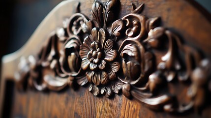 A wooden headboard with a floral design