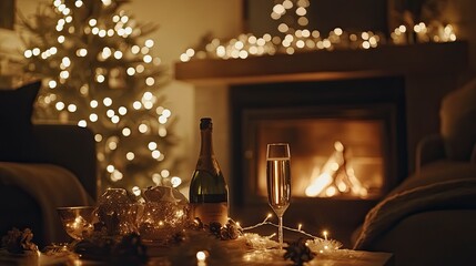 Cozy living room filled with friends gathered by the fireplace, sharing joyful moments and toasting with champagne under twinkling fairy lights.