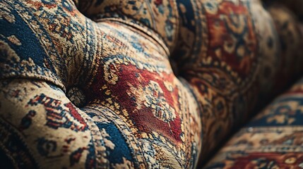 A close up of a colorful pillow with a pattern of flowers and other designs