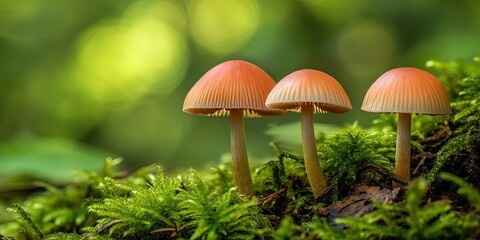 Fototapeta premium Small mushrooms emerge from the forest floor, basking in gentle sunlight, creating an enchanting and magical atmosphere all around them.