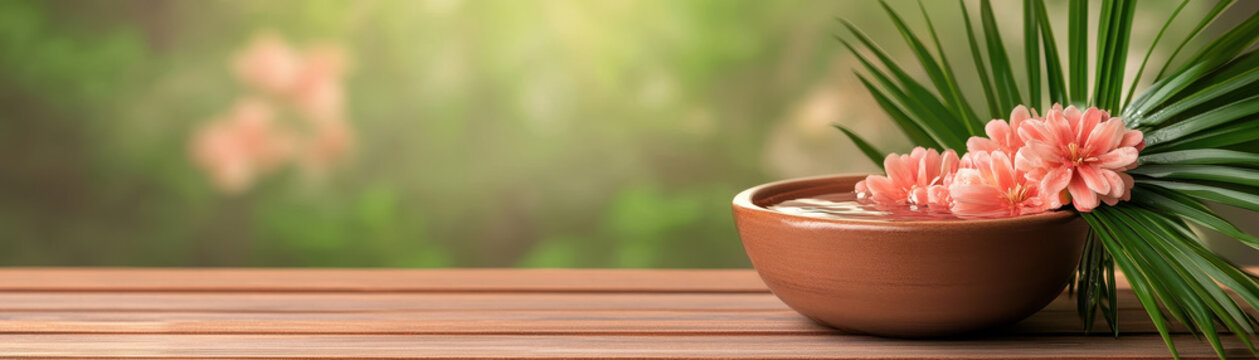 Serene foot spa calming water pink flowers terracotta bowl green leaf wooden surface relaxation spa treatment wellness peace tranquility nature