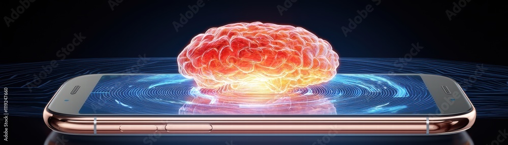 Poster ai-powered mobile app showcasing futuristic brain technology on smartphone in digital environment