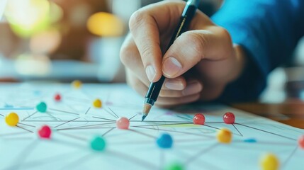Mind mapping with a hand drawing a web of connected ideas and concepts on paper or digitally