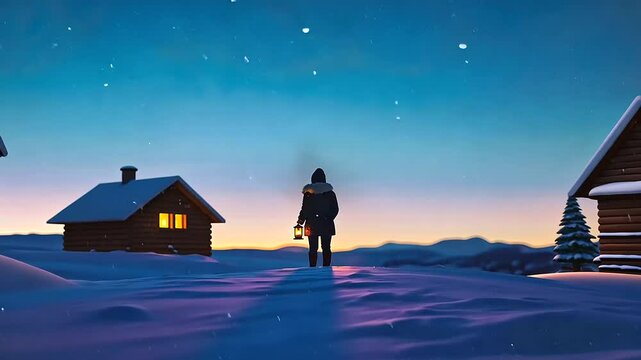 Mountain Lodge under Starry Sky with Person Holding Lantern