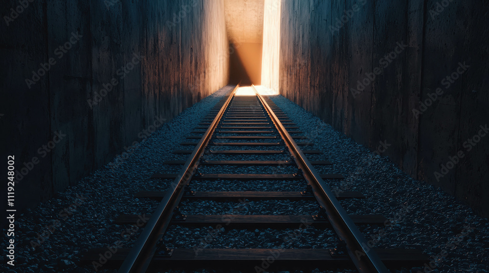 Poster railway tracks leading through dark tunnel towards bright light beyond exit