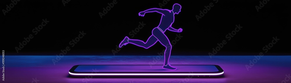 Poster dynamic ai mobile assistant displaying energetic running figure futuristic environment digital inter