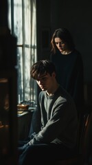 Obraz premium A thoughtful man and woman in a dimly lit room, evoking a sense of contemplative emotion and introspection.