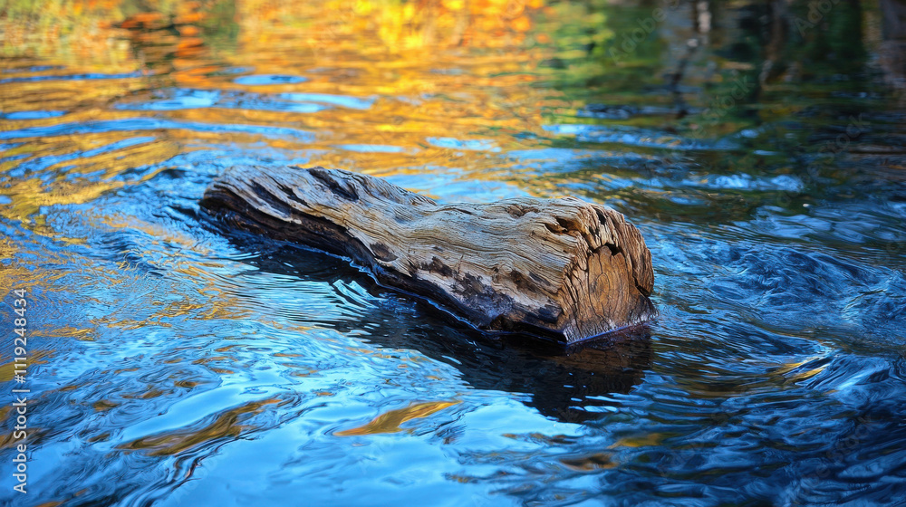 Aufkleber tranquil water scene with floating log reflecting autumn colors and ripples