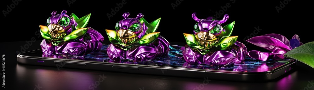 Poster ai-driven mobile holographic display showcasing colorful creatures in a dark setting