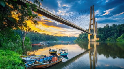 Scenic view of a suspension bridge at sunset, reflecting on a calm river with boats.