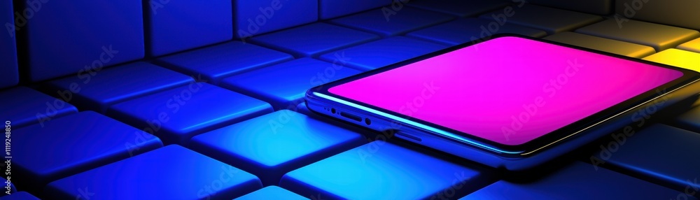 Poster ai-enhanced mobile application showcased on a vibrant phone display in a futuristic setting
