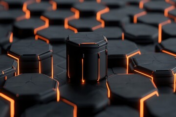 Fototapeta premium Conceptual grid of battery packs interconnected with glowing cables, showcasing energy flow and innovation.