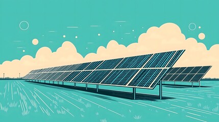 Illustration of Solar Panel Array in Open Field with Clear Sky