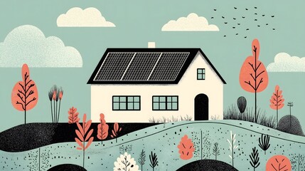 Eco-Friendly House with Solar Panels in Tranquil Landscape Illustration
