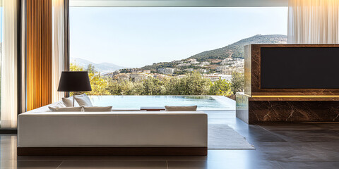 Modern living room with stunning mountain view and infinity pool in a luxurious setting