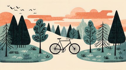 Illustrated Bicycle Path Among Scenic Trees and Vibrant Sunset Sky