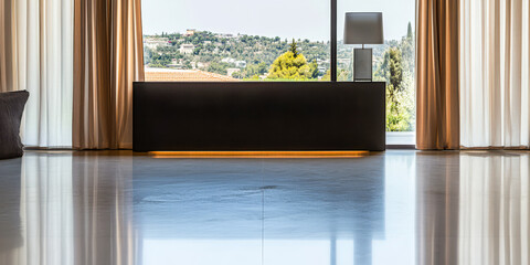 Fototapeta premium Modern interior design featuring sleek furniture and a panoramic view of nature