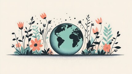 Floral Illustration of Earth with Vibrant Blossoms and Leaves