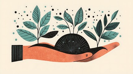 Stylized Illustration of a Hand Holding Growing Plants and Leaves