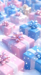 Pastel gift boxes with ribbons,  snow falling.