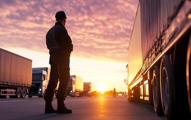customs officer stands at border checkpoint during stunning sunset, overseeing trucks