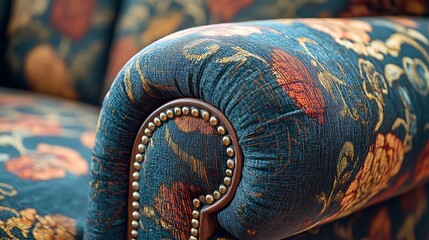A blue and orange floral couch with a brown trim