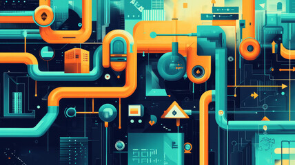 A vibrant, dynamic cover photo featuring a digital marketing theme with plumbing elements. Show a plumber and digital icons connected by flowing water pipes.