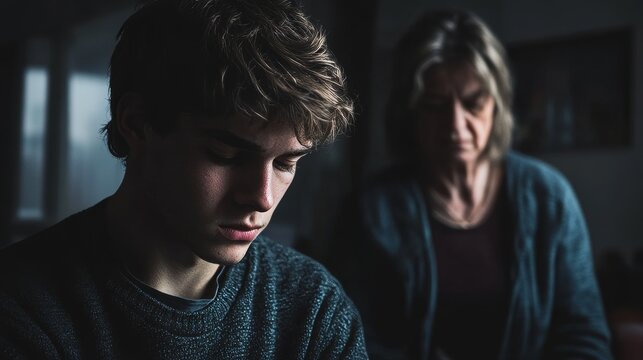 A thoughtful teenage boy sits in contemplation as an older woman offers quiet support in a dimly lit room.