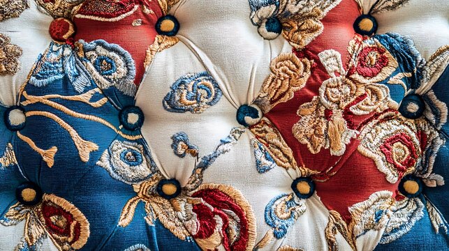 A colorful embroidered cushion with a floral design