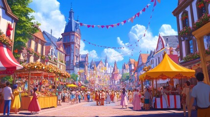 Festive street fair marking the New Year, adorned with colorful banners, bustling food stalls, and crowds enjoying music and dance beneath a bright blue sky.