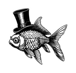 gold fish top hat engraving black and white outline