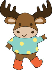 Cute illustration of a smiling moose wearing a polka dot sweater and orange boots, perfect for festive designs.